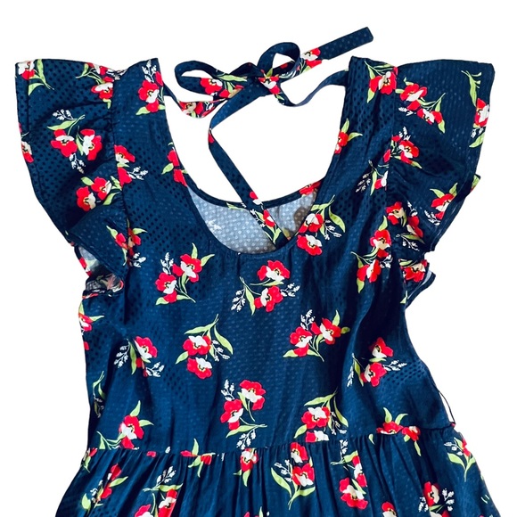 Jill Stuart Women’s NEW Sz XS Red Blue Floral Flutter Sleeve Tiered Ruffle Dress - Picture 7 of 9